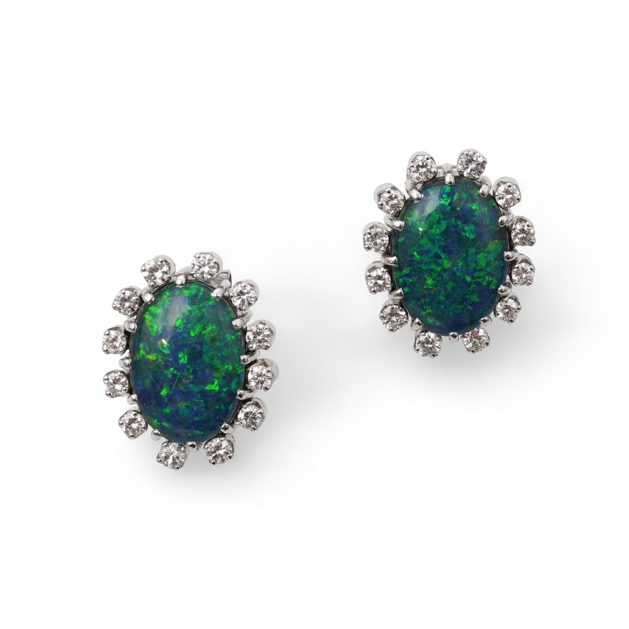 A pair of opal triplet and diamond earrings